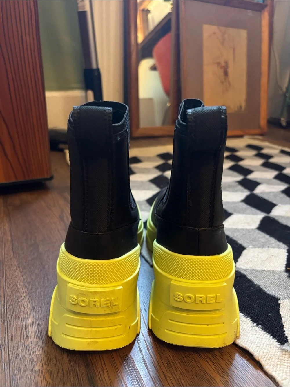 Sorel Black Brex Chelsea Platform Boots with Neon Yellow Sole - Women's Shoes